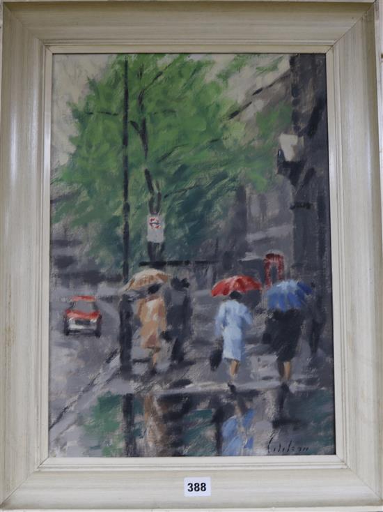 David Wilson oil on canvas London street scene in the rain, signed 50 x 34cm.